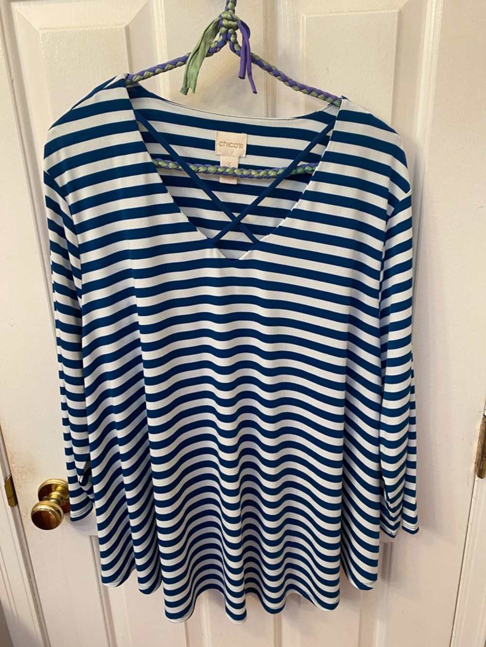 Chico's Navy and White Striped V-Neck 3/4 Sleeve Top